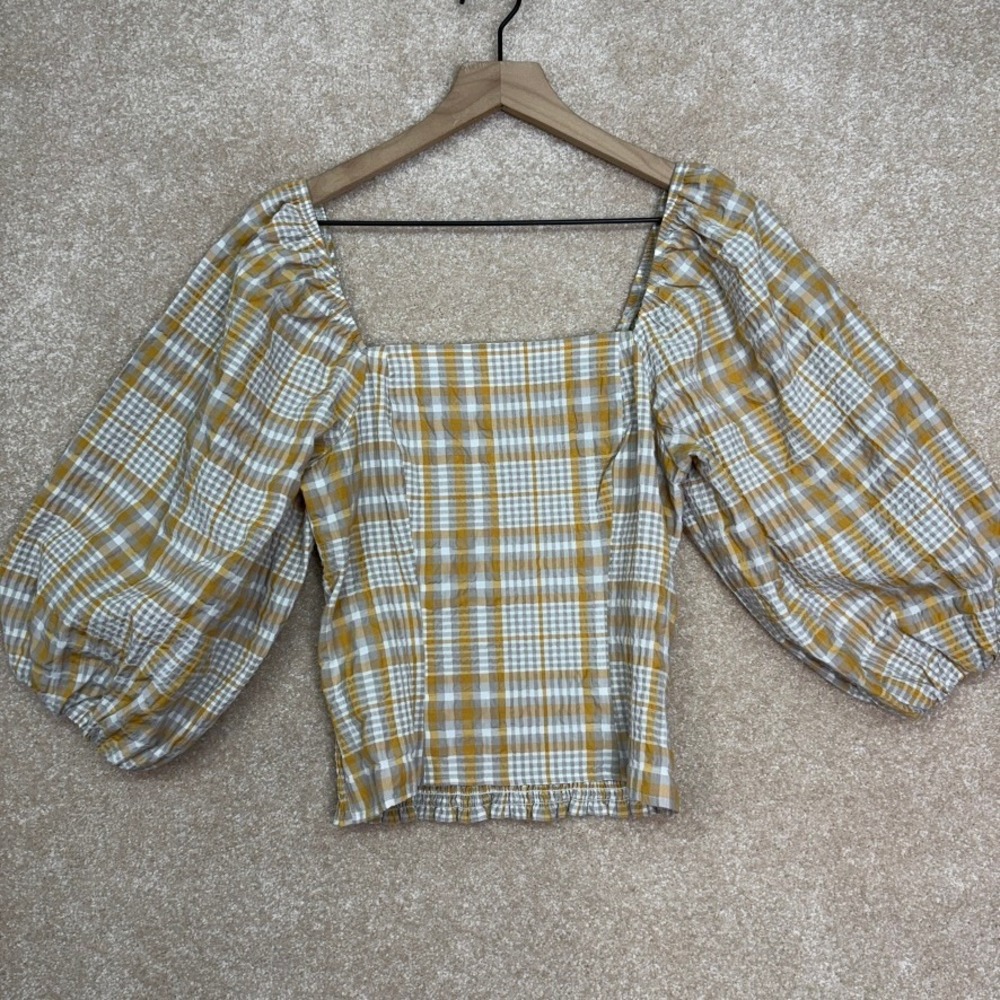 Anthropologie Maeve‎ Top Size XS Plaid Square Neck Puff Sleeve Smocked Crop Top
